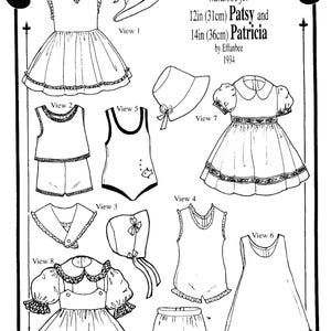 Può includere: Illustrazione in bianco e nero di un guardaroba per bambole vintage, tra cui abiti, pantaloncini, un cappuccio e un cappello da sole. Il testo recita "Wardrobe for 12in (31cm) Patsy and 14in (36cm) Patricia by Effanbee 1934."