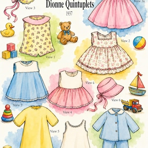 May include: A watercolor illustration titled A Wardrobe for 7-1/2in - 8in Dionne Quintuplets 1937, featuring various doll clothing items including dresses, bonnets, and pajamas, alongside toys like a teddy bear, rubber duck, and blocks.