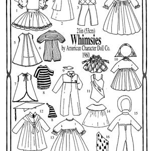 May include: A collection of black and white doll clothing patterns, including dresses, tops, trousers, and accessories. The text "Whimsies by American Character Doll Co. 1960" is present. The image is 53 cm in length.