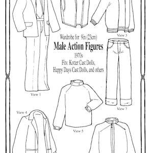 May include: Black and white line art of a wardrobe for 9-inch male action figures. The image includes a suit, vest, jacket, pants, and other clothing items. Text reads "Wardrobe for 9in (23cm) Male Action Figures 1970s."