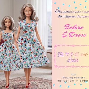 Może przedstawiać: Dwie lalki z szarymi włosami ubrane w pasujące sukienki w czerwone, niebieskie i zielone kwiatowe wzory. Tekst głosi: This pattern was created by a human designer. Bolero & Dress. Fit 11.5-12 inch Dolls. PDF Sewing Pattern Instructions in English.
