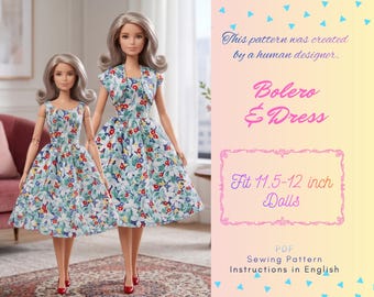 Pode incluir: Duas bonecas de cabelo cinza vestindo vestidos combinando com padrões florais em vermelho, azul e verde. O texto diz: This pattern was created by a human designer. Bolero & Dress. Fit 11.5-12 inch Dolls. PDF Sewing Pattern Instructions in English.