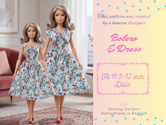 11.5" Fashion Doll Sewing Pattern – Classic Dress & Cropped Bolero Jacket Set | 1:6 Scale Fashion Doll Outfit(Digital Download)
