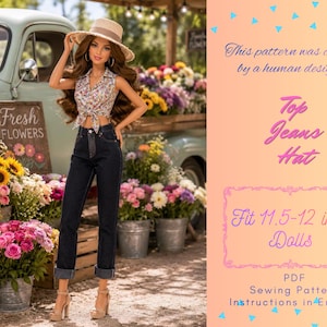 30 cm Schnittmuster – Retro Sommer-Outfit | Bluse, Jeans, Strohhut | 1:6 Puppenkleidung als PDF-Download