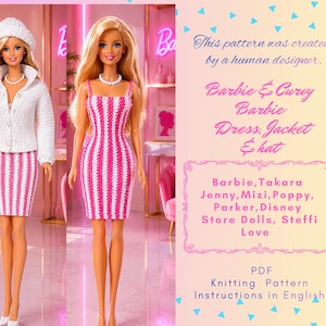Könnte beinhalten: Eine Puppe mit weißer Strickmütze, weißer Strickjacke und einem pink-weiß gestreiften Strickkleid neben einer Puppe mit pink-weiß gestreiftem Strickkleid. Text: This pattern was created by a human designer. Barbie & Curvy Barbie Dress, Jacket & hat. Barbie, Takara Jenny, Mizi, Poppy, Parker, Disney Store Dolls, Steffi Love. PDF Knitting Pattern Instructions in English.