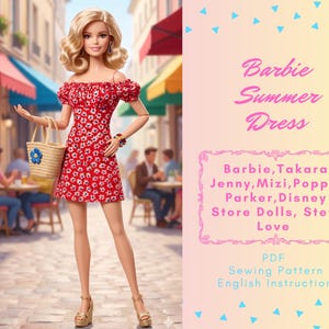Puede incluir: Una muñeca Barbie con un vestido de verano rojo floral, llevando un bolso de mano de paja con una flor azul. La muñeca lleva sandalias doradas de plataforma y una pulsera. El texto en la imagen dice "Barbie Summer Dress".