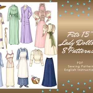 1890-1919 Lady Doll Wardrobe Sewing Pattern -  Fits 15" Lady Dolls - 8 Patterns  (Digital Download)