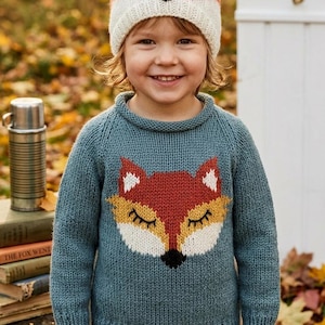 Puede incluir: Un niño con un suéter azul tejido con un diseño de cara de zorro y un gorro de zorro a juego. La cara de zorro en el suéter es roja, blanca y amarilla. El gorro tiene orejas de zorro. El niño está sonriendo.