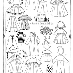 Può includere: Illustrazione in bianco e nero di modelli di abiti per bambole. L'immagine include vari outfit, come vestiti, una tuta e un mantello. È presente anche il testo "Whimsies by American Character Doll Co. 1960". L'immagine è lunga 53 cm.