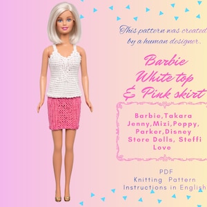 Modello per abito a maglia: set composto da top e gonna rosa per bambole alla moda da 11,5" e bambole curvy (download digitale)
