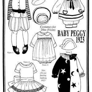 Può includere: Disegno in bianco e nero di costumi per bambole vintage per una bambola da 51 cm. L'immagine include cinque diversi modelli di costumi, tra cui un costume da clown, un costume da marinaio e un vestito. Il testo sull'immagine recita "Baby Peggy 1923."
