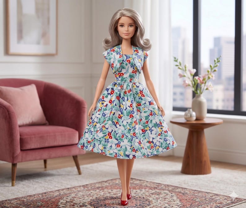 May include: A doll with shoulder-length wavy silver hair wearing a sleeveless dress and a matching cropped jacket. The outfit features a vibrant floral pattern with red, yellow, and blue flowers on a white background. The doll wears red heels.