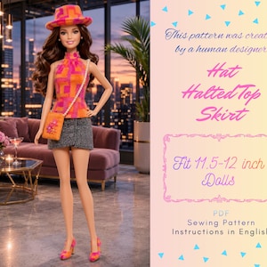 May include: A doll wearing a matching orange and pink geometric print hat and halter top, a grey textured mini skirt, and orange and pink patterned heels. The doll carries an orange shoulder bag with a floral design and a white pearl-like strap.