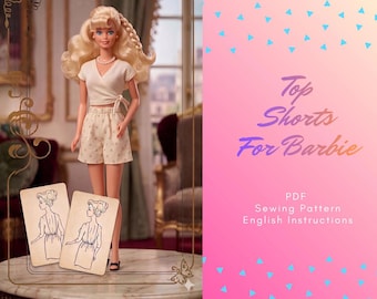 Wykrój na lalkę Barbie – zestaw składający się z topu z kopertowym dekoltem i spodenek (do pobrania w wersji cyfrowej)