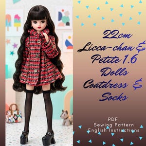 May include: A doll wearing a red and black coatdress, black socks, and platform shoes. The doll has long black hair and is 22cm tall. Text on the image reads "Licca-chan & Petite 1.6 Dolls Coatdress & Socks".