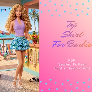 Puede incluir: Una muñeca Barbie con un top morado y una falda azul con volantes, frente a una escena de playa. La imagen incluye el texto: "Top Skirt For Barbie" y "PDF Sewing Pattern English Instructions".