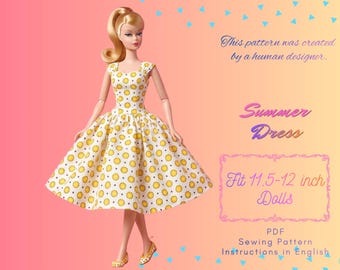 11.5" Fashion Doll Sewing Pattern – Vintage Sunflower Party Dress | 1:6 Scale Fashion Doll Dress (PDF Digital Download)