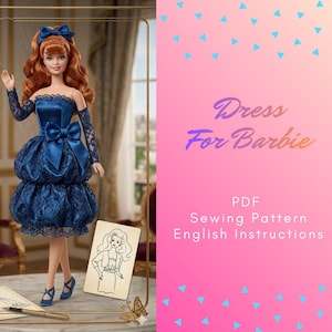 May include: A Barbie doll in a dark blue dress with a bow and lace sleeves. The doll has red hair and is next to a dress sketch. The text "Dress For Barbie" is on a pink background with blue triangles.