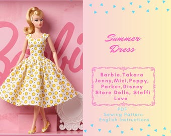 Klasyczny wzór do szycia sukienki Barbie w stylu vintage (PDF) | Sukienka bez rękawów w kształcie litery A | Lalki modowe 11,5" (do pobrania w wersji cyfrowej)