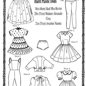 May include: A black and white illustration of a 1950s doll wardrobe, featuring several outfits. These include dresses, a jumpsuit, a jacket, and a blouse. The text indicates the wardrobe is for 46-53cm hard plastic dolls, including Ideal Miss Revlon and Madame Alexander Cissy.
