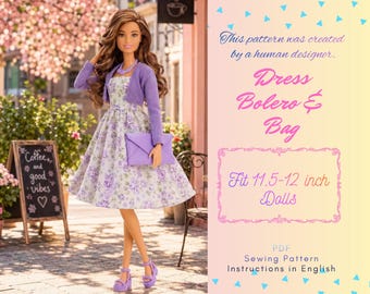 Pode incluir: Uma boneca vestindo um vestido branco com estampa floral roxa, um bolero roxo e sandálias roxas, segurando uma bolsa tipo envelope roxa. O texto diz: This pattern was created by a human designer. Dress Bolero & Bag. Fit 29-30 cm Dolls. PDF Sewing Pattern Instructions in English.