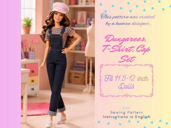11.5 Inch Fashion Doll Casual Outfit Sewing Pattern – Dungarees, T-Shirt, Cap Set (Digital Download)