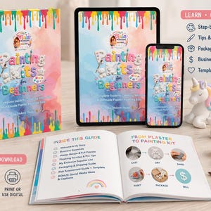 May include: A guide titled Painting Kits for Beginners displayed on a physical book, a tablet, and a smartphone. The open book shows a table of contents and a process diagram. Nearby are small plaster figures, paint pots, and a paintbrush.