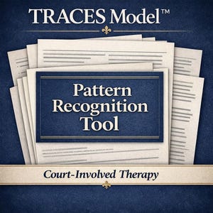 以下が含まれることがあります： Pattern Recognition Toolと書かれた青い長方形の看板の後ろにある白い紙の束。紙の上にはTRACES Modelというテキストがあります。紙の下には、Court-Involved Therapyというテキストが表示されたベージュのバナーがあります。