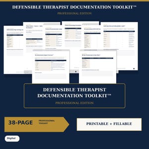 May include: The Defensible Therapist Documentation Toolkit Professional Edition is a 38-page digital resource featuring printable and fillable forms. It includes worksheets for information sorting, clinical reasoning, documentation repair, and action plans.
