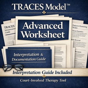 May include: A collection of printed materials, including an "Advanced Worksheet" and an "Interpretation & Documentation Guide." The title "TRACES Model" is at the top. The phrase "Interpretation Guide Included" is also visible. A pair of black glasses rests in front.