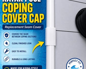 May include: A white plastic Kayak Pool Coping Cover Cap designed as a replacement seam cover for above ground pools. The product features a smooth finish and is shown installed on a vertical pool coping section with text detailing its function.