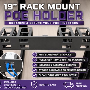 May include: A black 19-inch rack mount PoE holder designed to secure PoE injectors. The unit features a modular frame with open slots for cable management and includes two assembly screws. Text on the image reads 19 INCH RACK MOUNT POE HOLDER.