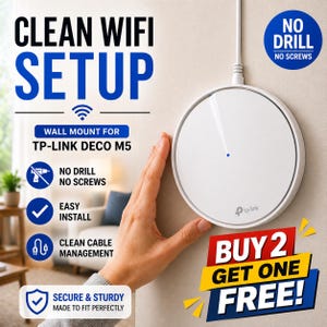 May include: A white TP-Link Deco M5 wall mount with a clean cable management system. The image features the text "CLEAN WIFI SETUP", "NO DRILL NO SCREWS", and "BUY 2 GET ONE FREE!"