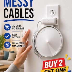 May include: A white cable management system with the text "NO MORE MESSY CABLES." The system includes a white circular device, a power adapter, and a wall outlet. The image also includes the text "BUY 2 GET ONE FREE!"