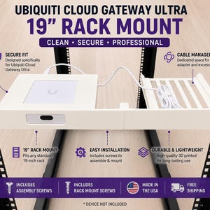 May include: A white 19-inch rack mount for the Ubiquiti Cloud Gateway Ultra. The unit features a flat platform for the gateway and a slatted section for cable management. Text on the image includes UBIQUITI CLOUD GATEWAY ULTRA 19 RACK MOUNT.
