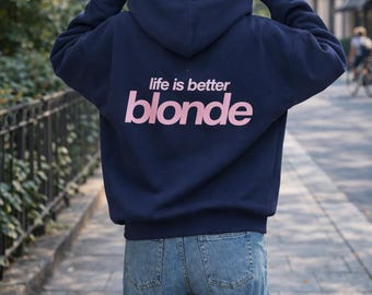 La vie est meilleure - Sweat à capuche blond, sweat-shirt streetwear décontracté surdimensionné bleu foncé