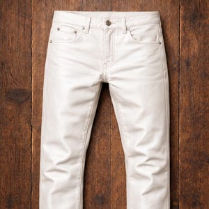 May include: A pair of off-white denim jeans featuring a classic five-pocket design, a button fly closure, and metallic rivets at the corners of the front pockets. The fabric has a smooth, matte finish with subtle vertical creasing along the legs.