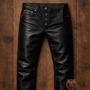 Peut inclure: Pantalon noir avec une finition lisse semblable à du cuir, doté d'une fermeture à boutons avec quatre boutons métalliques visibles et d'un petit écusson circulaire sur la jambe droite affichant un emblème d'aigle et le texte SKT-SKT.