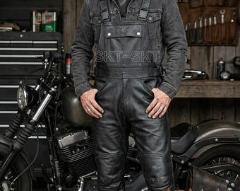 Heavy-Duty Leather Motorcycle Bib Overalls: Biker Riding Gear
