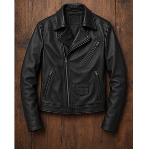 May include: Black leather jacket with a classic biker style. Features a notched collar, asymmetrical zipper closure, and multiple zippered pockets. The jacket has a tailored fit and a smooth, matte finish. The sleeves are long with zippered cuffs.