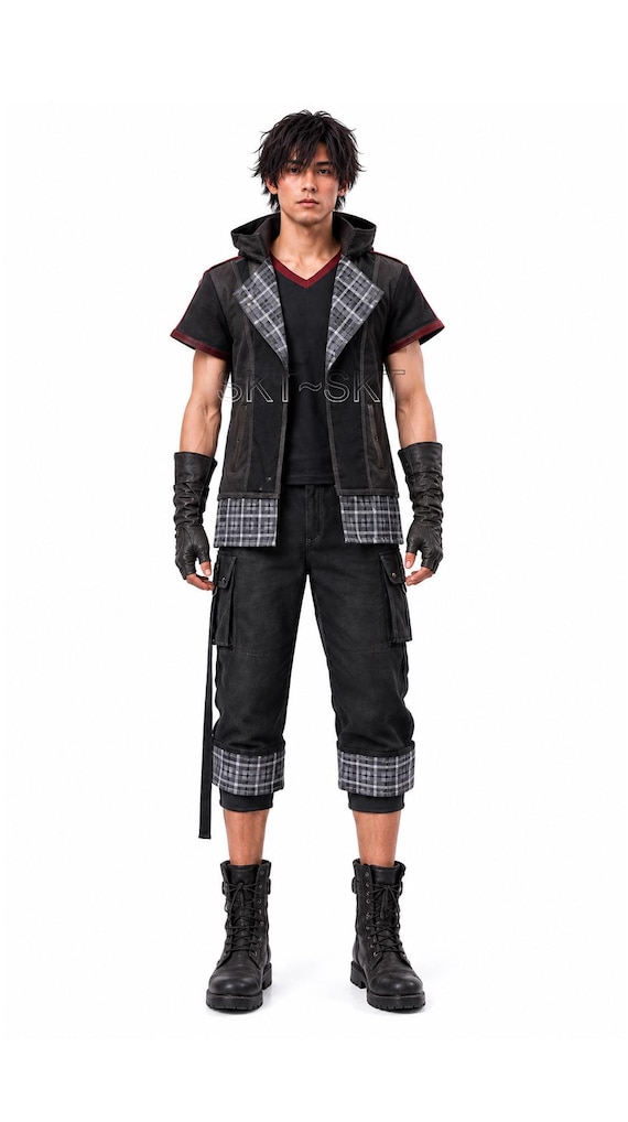 Yozora Kingdom Hearts Inspired Real Leather Cosplay Costume Set | Hooded Jacket Shorts Gloves Outfit | Men’s Anime Gaming Costume