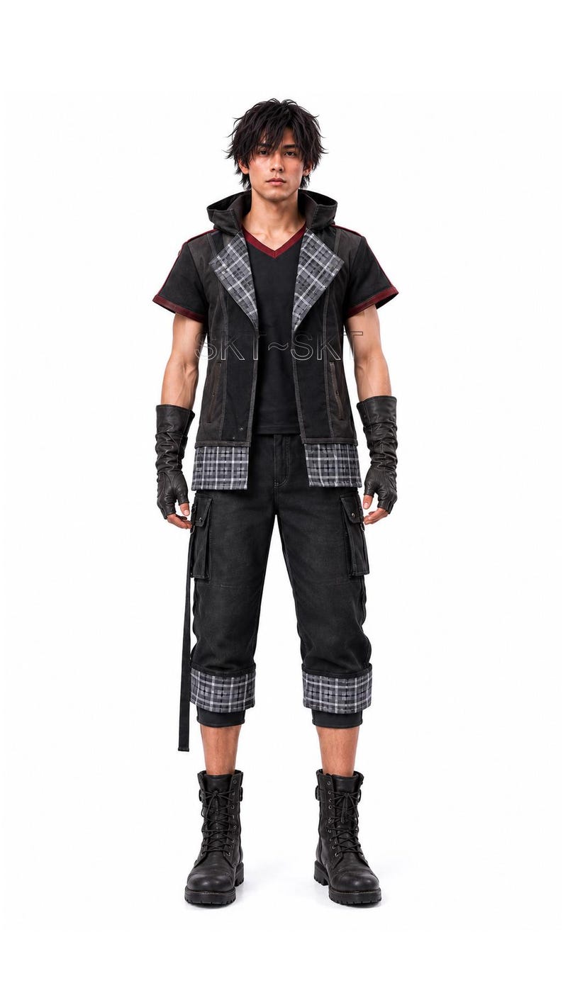 Op de afbeelding: Een zwart vest met capuchon, grijze ruitpatronen op de revers en zoom, gedragen over een zwart shirt met V-hals. De outfit bevat een zwarte, kuitlange cargobroek met bijpassende ruitpatroon-boorden, vingerloze leren handschoenen en veterlaarzen.