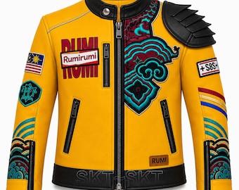 Dziecięca krótka kurtka z prawdziwej skóry inspirowana Rumi – ręcznie robiona kurtka motocyklowa – w stylu anime i K-popu Demon Hunter Slay Yellow Jacket