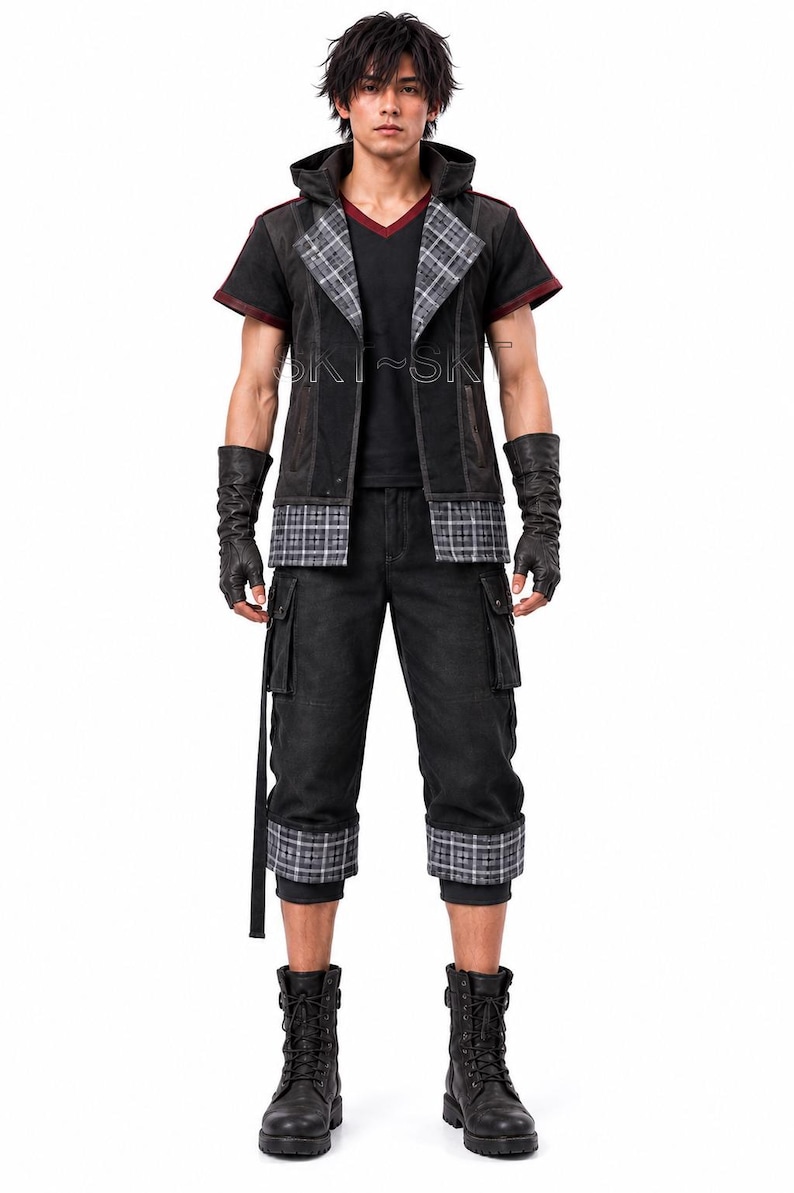 Op de afbeelding: Een zwart vest met capuchon, grijze ruitpatronen op de revers en boorden, gedragen over een zwart shirt met V-hals. De outfit bevat een zwarte cargobroek met geruite boorden, zwarte vingerloze handschoenen en zwarte veterschoenen met hoge schacht.