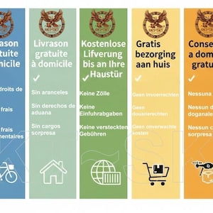 Op de afbeelding: Een verticale infographic met zeven gekleurde panelen, elk met een adelaarslogo bovenaan. De tekst bevat Gratis bezorging aan huis, Geen invoerrechten, Geen douanerechten, Geen onverwachte kosten en iconen zoals een vrachtwagen, fiets, huis, wereldbol, winkelwagen, drone en cadeau.