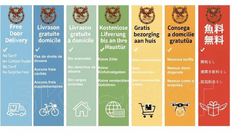 Op de afbeelding: Een verticale infographic met zeven gekleurde panelen, elk met een adelaarslogo bovenaan. De tekst bevat Gratis bezorging aan huis, Geen invoerrechten, Geen douanerechten, Geen onverwachte kosten en iconen zoals een vrachtwagen, fiets, huis, wereldbol, winkelwagen, drone en cadeau.