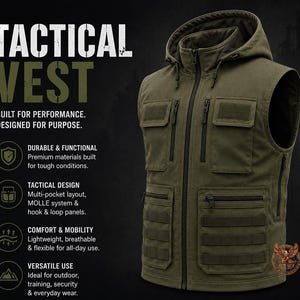 May include: Olive green tactical vest with a hood, multiple pockets, and black zippers. The vest features hook and loop panels and MOLLE system. Text on the image reads "TACTICAL VEST" and "BUILT FOR PERFORMANCE. DESIGNED FOR PURPOSE."
