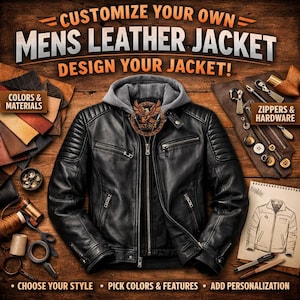 May include: A black leather jacket with a grey hood, zippers, and a detailed design. The image includes text that reads "Customize Your Own Mens Leather Jacket" and "Design Your Jacket!" with options for colours, materials, zippers, hardware, and personalisation.