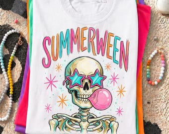 Summerween Skeleton PNG, Colorful Skull Bubblegum Design, Spooky Cute Summer Shirt Graphic Download
