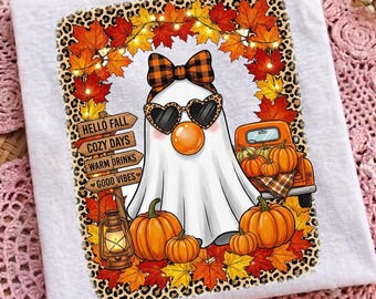 Fantôme d'automne PNG, Bulle fantôme d'automne PNG, Motif de t-shirt d'Halloween fantôme, Citrouille fantôme pour sublimation, Automne effrayant PNG, Citrouille « Bonjour automne » PNG
